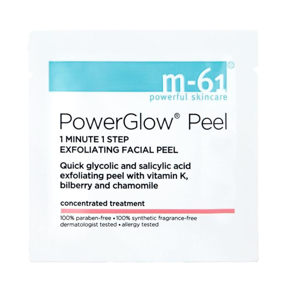 A skincare product package labeled 'PowerGlow Peel', describing it as an exfoliating facial peel with glycolic and salicylic acid, containing vitamin K, bilberry, and chamomile, in a white packaging with blue and black text.