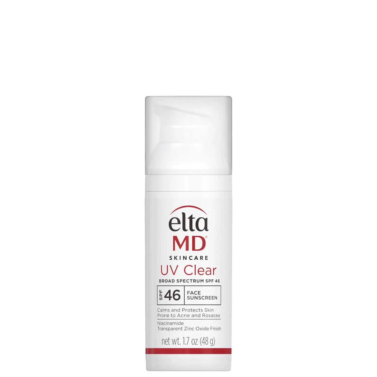 EltaMD UV Clear Broad Spectrum SPF 46 face sunscreen bottle with white packaging and red and black text.