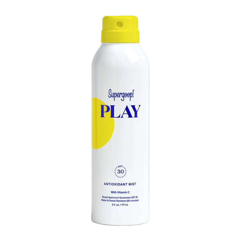 A can of Supergoop! PLAY antioxidant mist with SPF 30, with a yellow cap and main label featuring blue and yellow text and graphics.