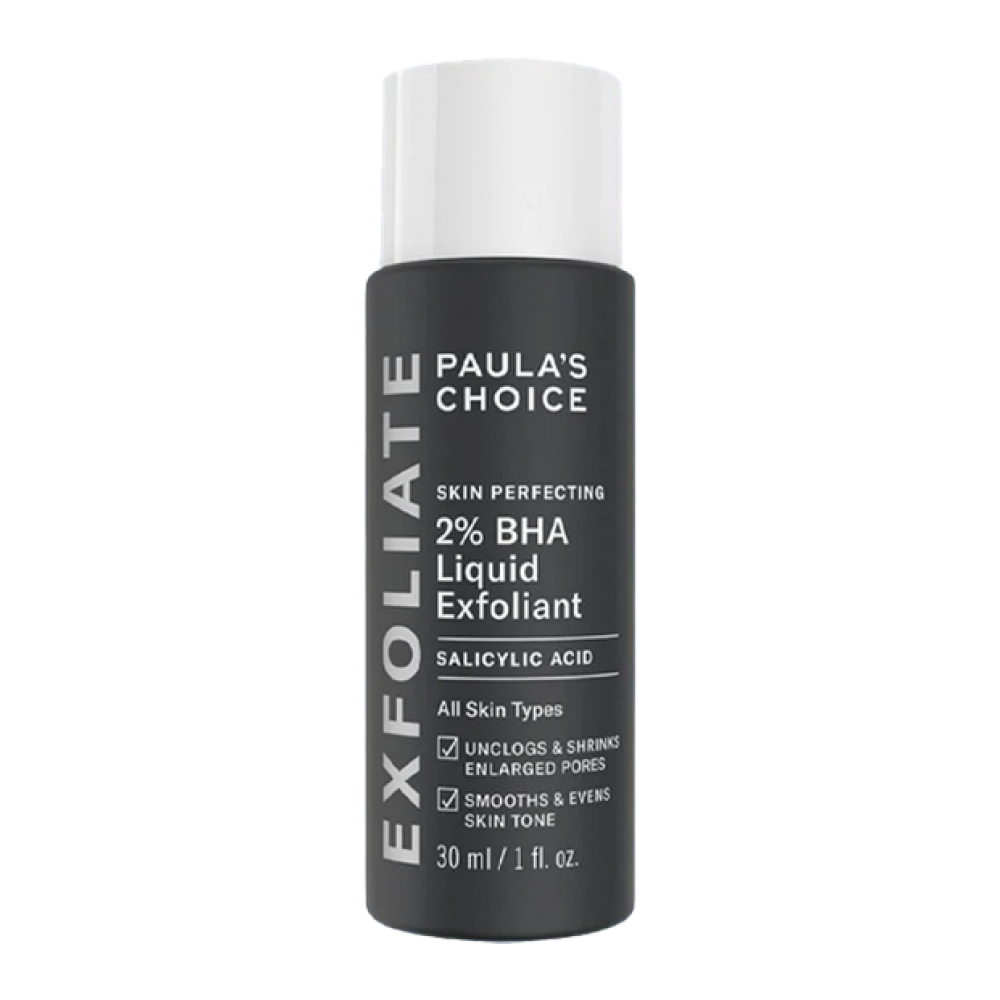 A black bottle of Paula's Choice 2% BHA Liquid Exfoliant with white cap, containing salicylic acid for all skin types, 30 ml or 1 fl oz.