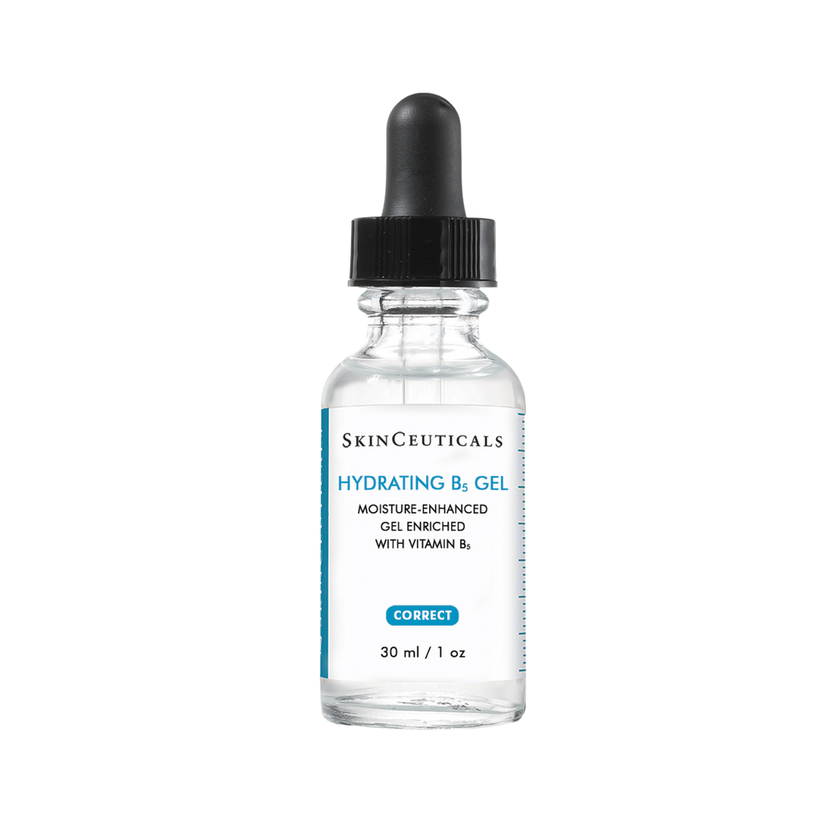 A bottle of SkinCeuticals Hydrating B5 Gel with a dropper cap, labeled as moisture-enhanced gel enriched with vitamin B5, 30 ml or 1 oz.