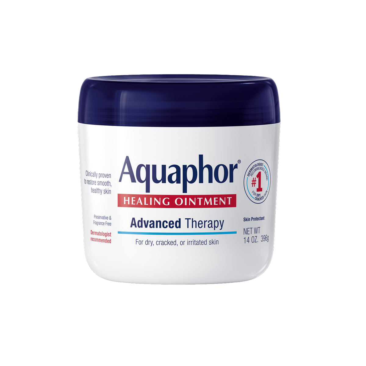 Aquaphor Healing Ointment container with blue cap and white body, label indicating advanced therapy for dry, cracked, or irritated skin, 14 ounces.