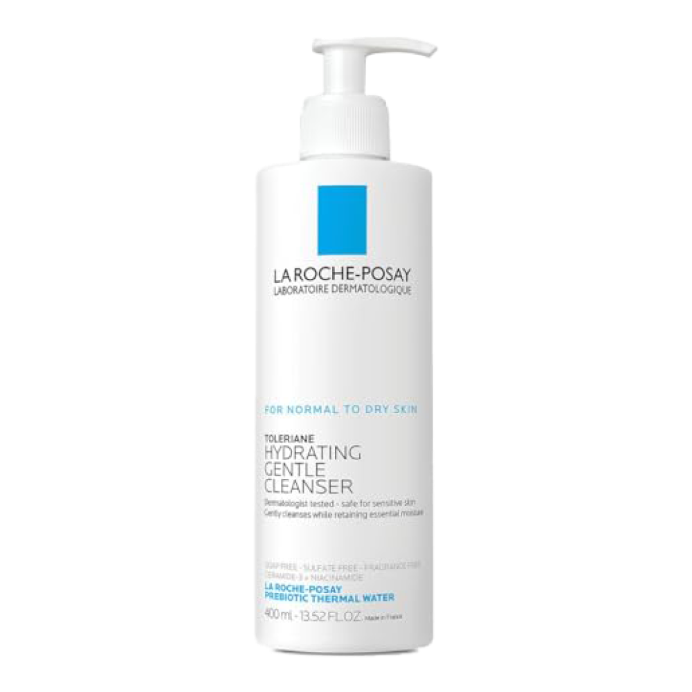 A white bottle of La Roche-Posay Hydrating Gentle Cleanser with a pump dispenser, labeled for normal to dry skin.