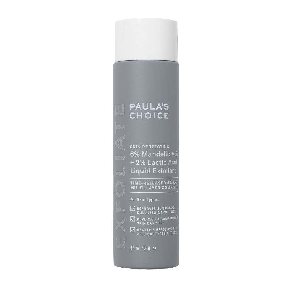 A gray bottle of Paula's Choice skin exfoliant with a white cap, labeled as skin perfecting, containing 6% Mandelic Acid and 2% Lactic Acid, suitable for all skin types.