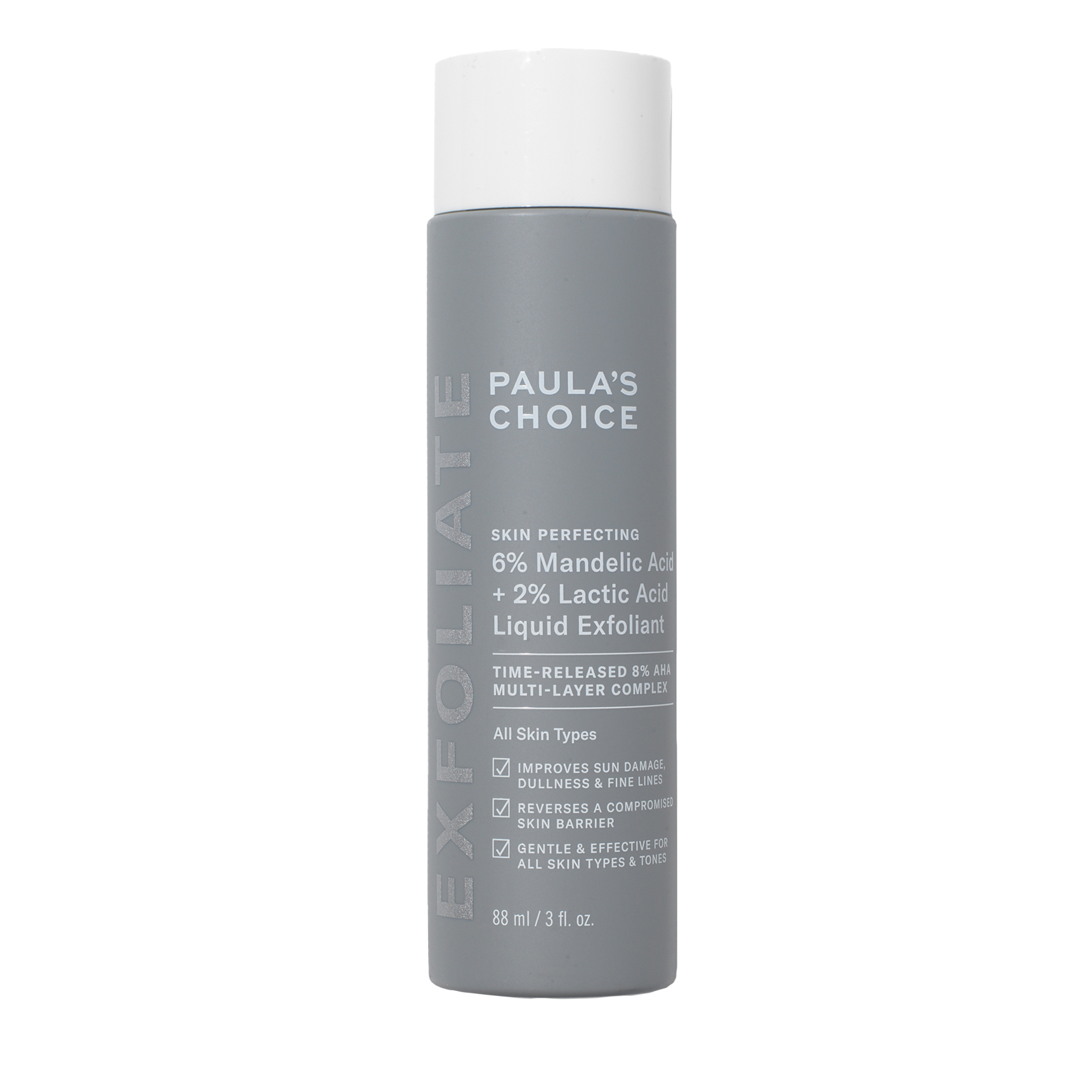 A bottle of Paula's Choice skincare product, specifically a liquid exfoliant containing 6% Mandelic Acid, 2% Lactic Acid, with 8% AHA, designed to improve sun damage, dullness, fine lines, reverse skin barrier issues, and suitable for all skin types.