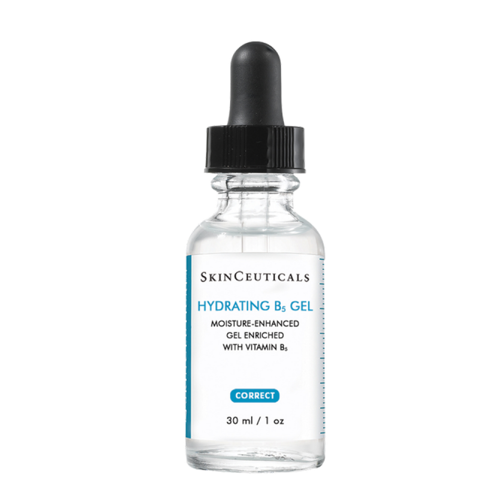 A clear glass bottle of skincare product labeled 'SkinCeuticals Hydrating B5 Gel', with a black dropper cap, containing a transparent gel, designed for moisture enhancement with Vitamin B5, size 30 ml or 1 oz.