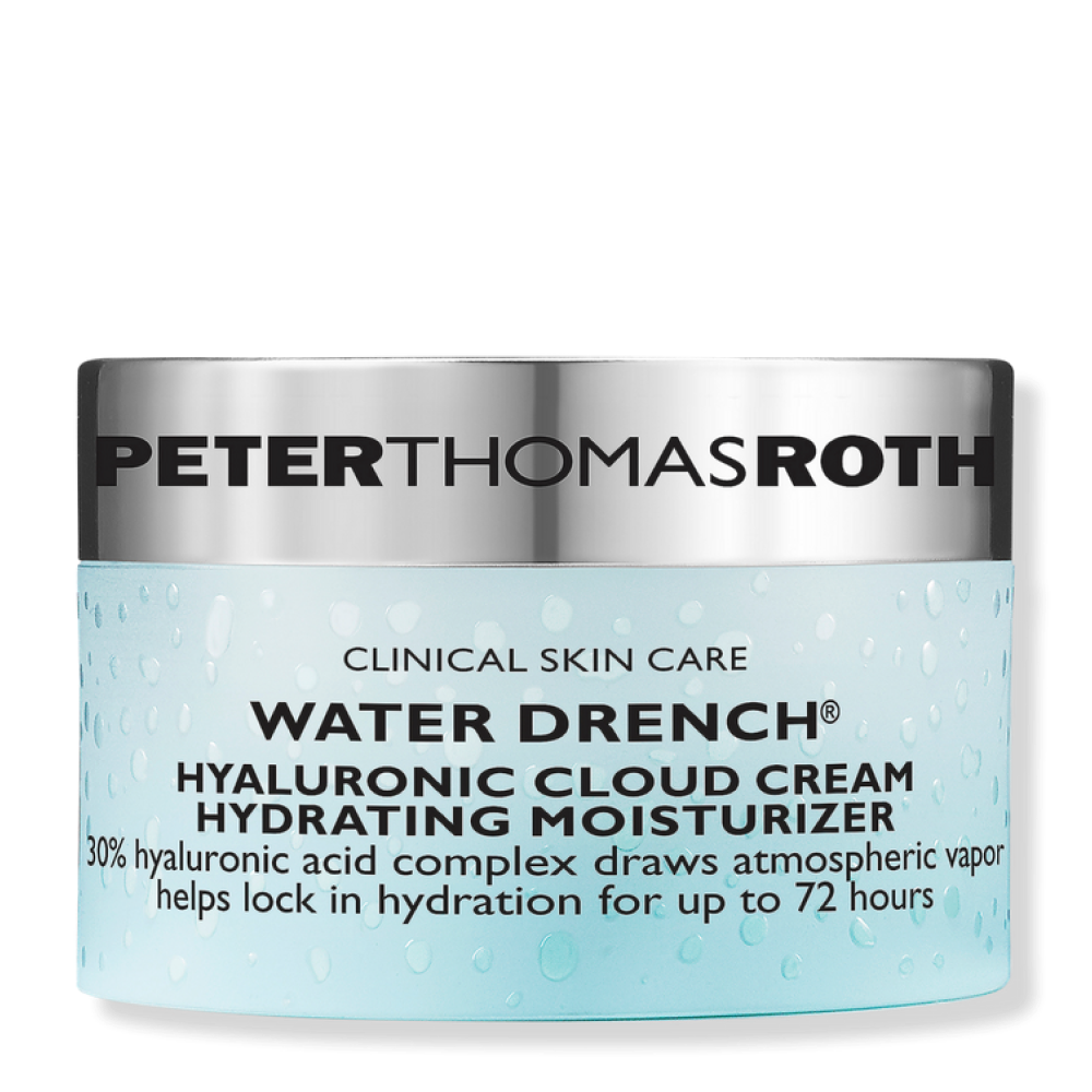 A jar of Peter Thomas Roth Water Drench Hyaluronic Cloud Cream Hydrating Moisturizer with a silver lid and light blue label with water droplets.