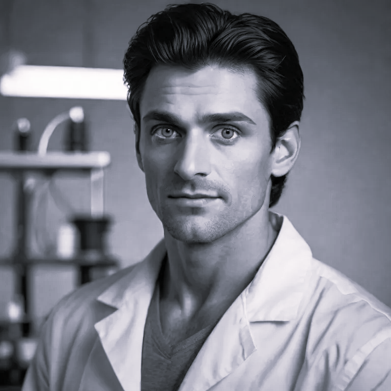 Black and white portrait of a man with dark hair and blue eyes wearing a lab coat, in a laboratory setting.
