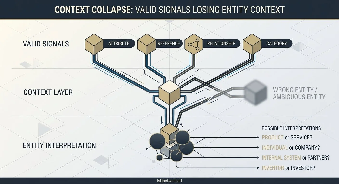 Technical diagram showing valid entity signals becoming ambiguous when contextual relationships are unclear.