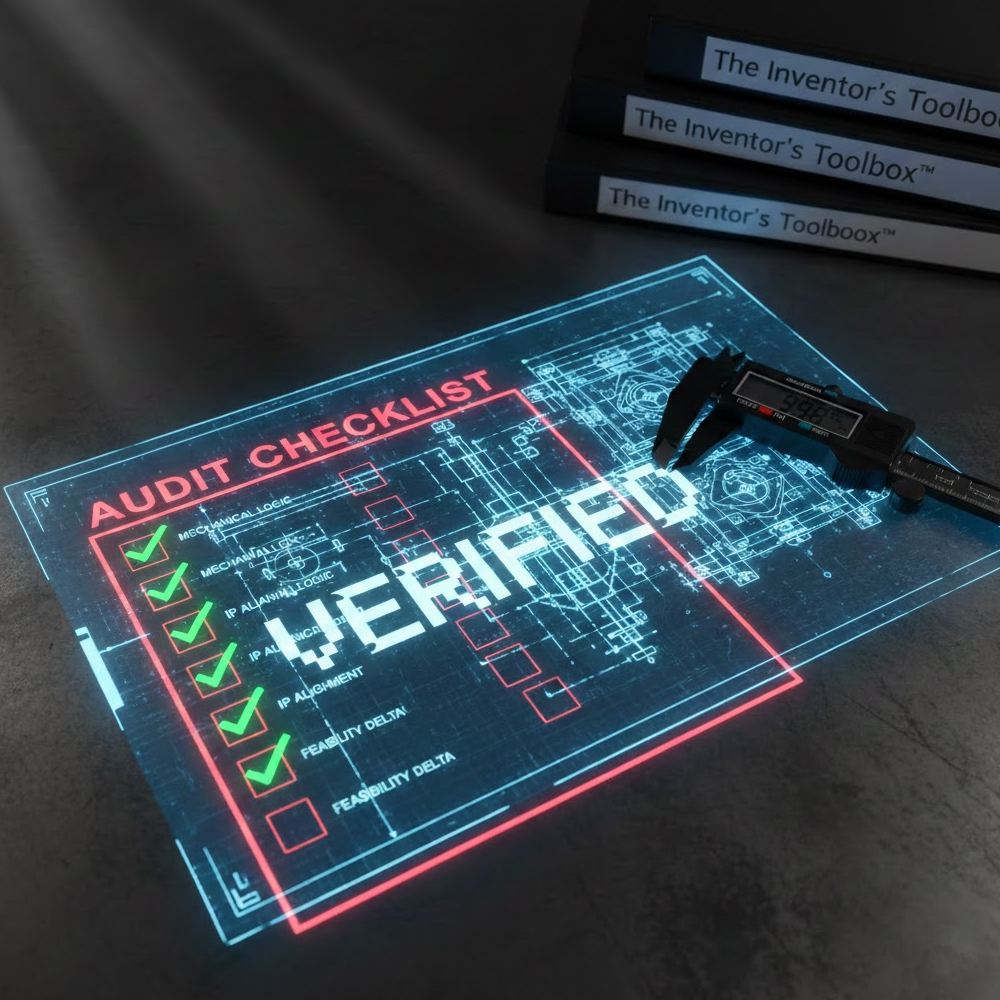 A digital blueprints display with a glowing red 'Audit Checklist' and a ticked 'Warranty' section, a digital caliper measuring the display, and a stack of books titled 'The Inventor's Toolbox' in the background.