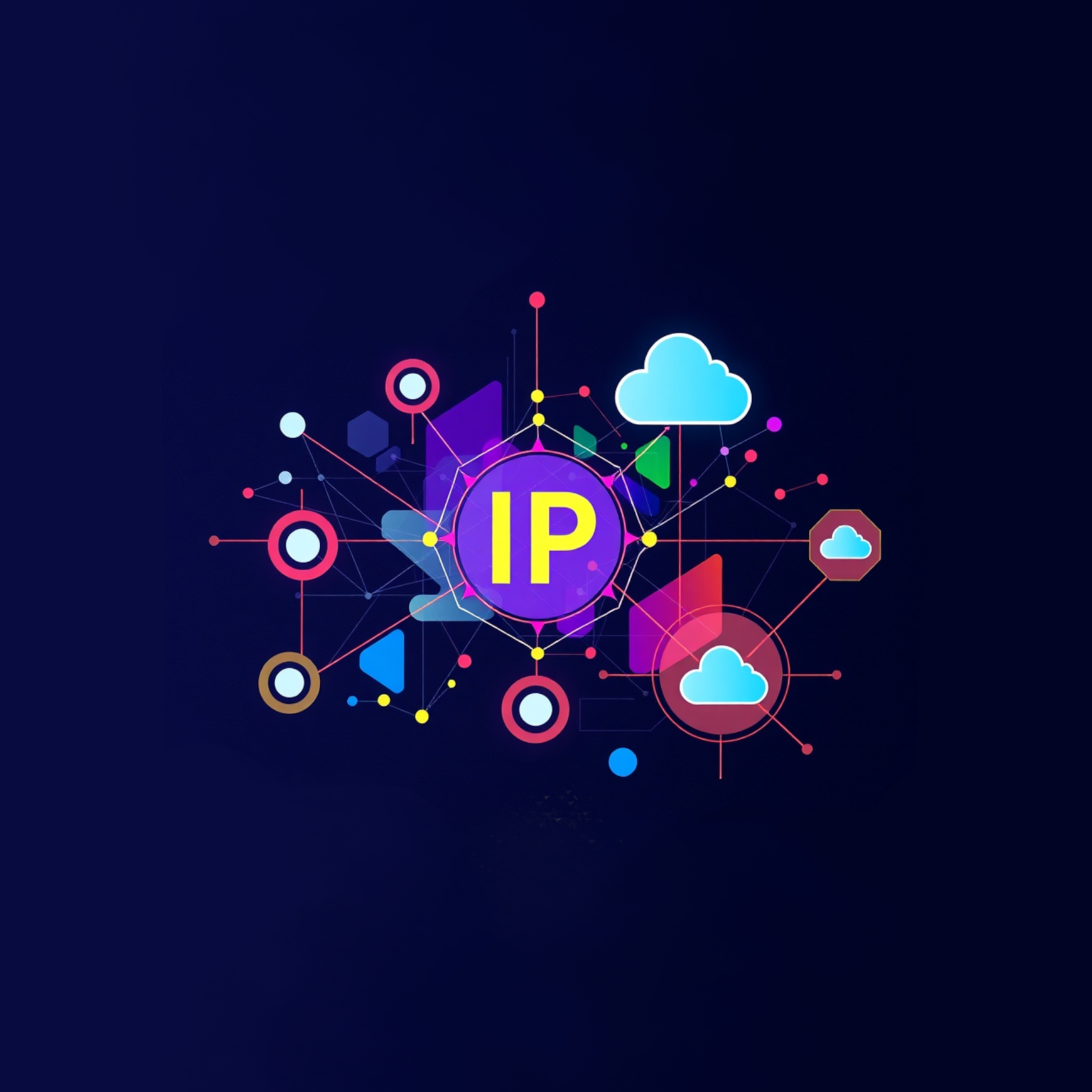 Digital illustration of a network connected to a central icon labeled 'IP', with various clouds and geometric shapes representing technology and internet connectivity.