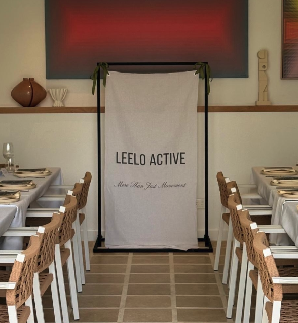 Custom printed linen signage, marketing activation for Leelo Active.