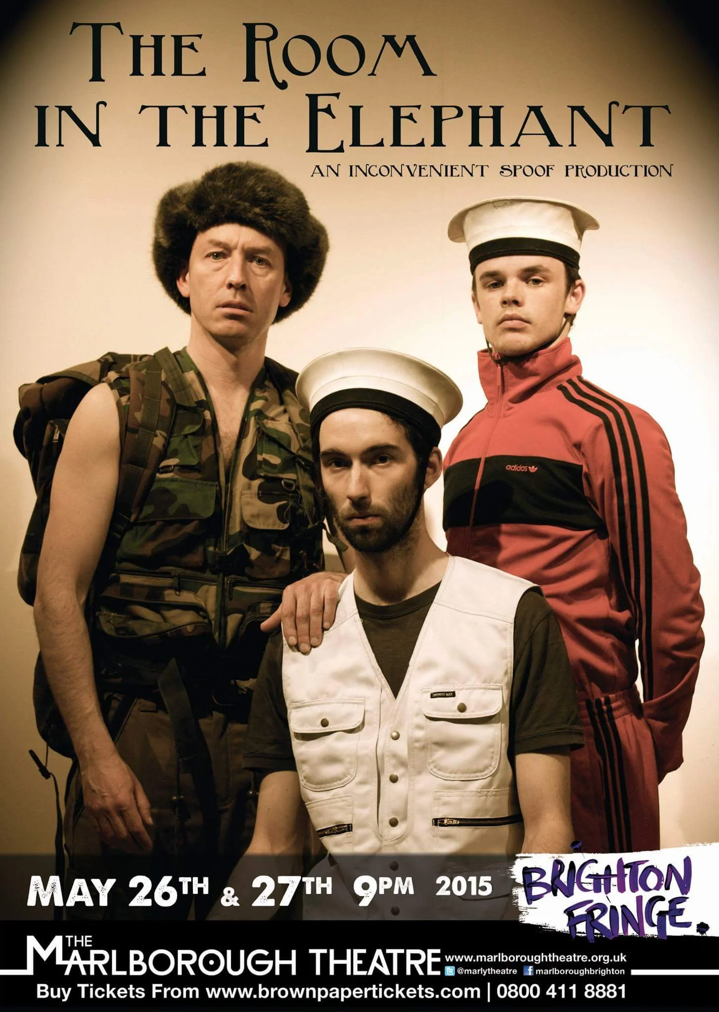 Poster for a theatrical production of 'The Room in the Elephant' with three men dressed in costumes, including one in camouflage and two in sailor hats, advertising the show at Marlborough Theatre on May 26-27, 2015.