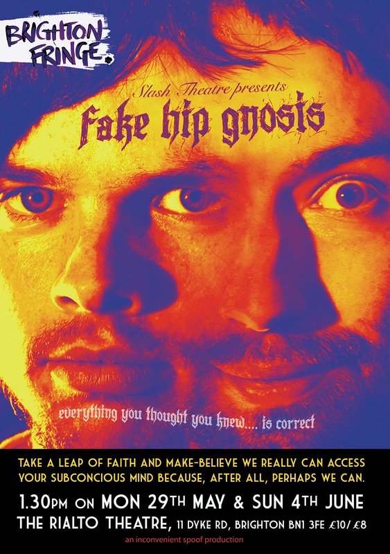 Poster for a theatrical production titled "Fake Hip Ghosts" by Slash Theatre, featuring two men's faces close-up with intense expressions, and text promoting the event at the Rialto Theatre in Brighton.