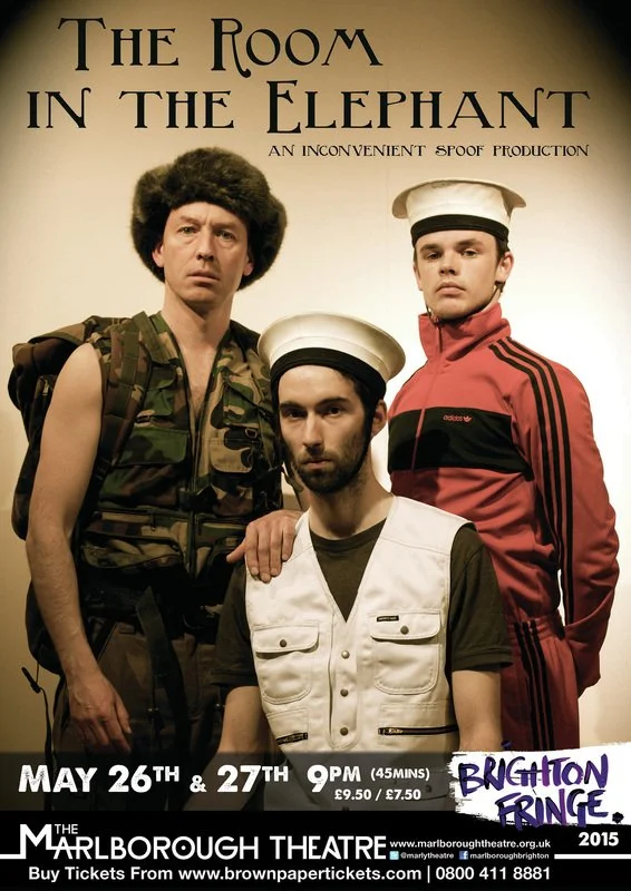 Poster featuring three men in costumes from the play 'The Room in the Elephant.' Men are dressed in military or police attire, with two wearing white officer hats. Text indicates performances at the Marlborough Theatre in Brighton Fringe on May 26 and 27, 2015.