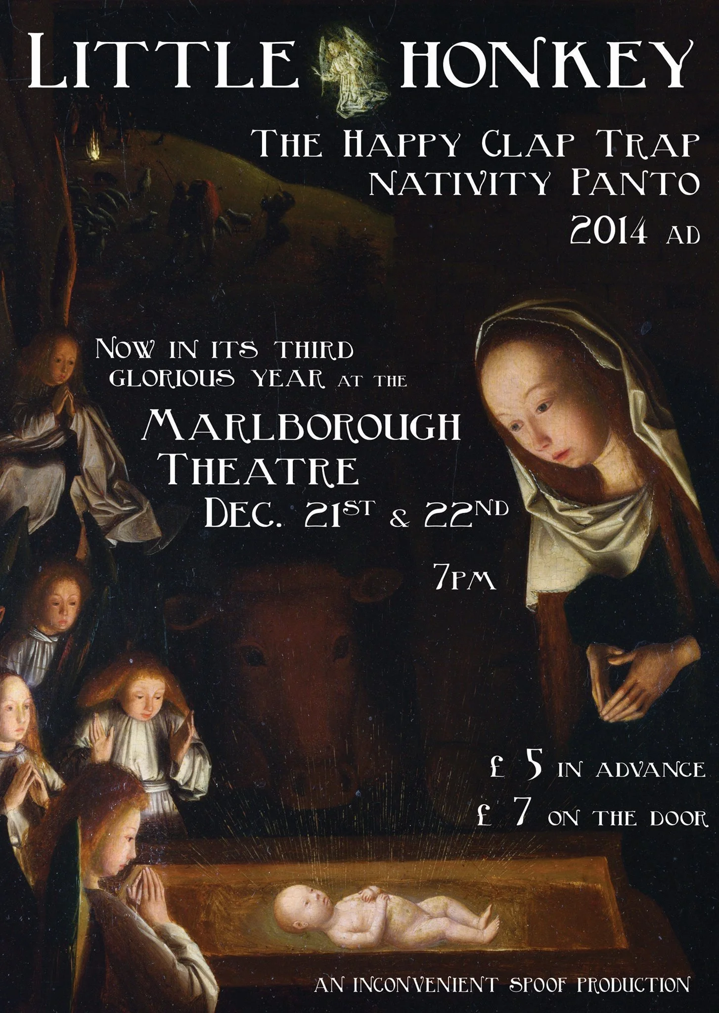 A religious-themed digital poster for a theatrical production titled 'Little Honkey.' The poster features a painting of the Nativity scene with Mary, Jesus as a baby, and angels, set against a dark background with stars. Text on the poster announces the event at the Marlborough Theatre on December 21st and 22nd at 7 pm, with ticket prices and a note that it is an 'inconvenient spoof production.'