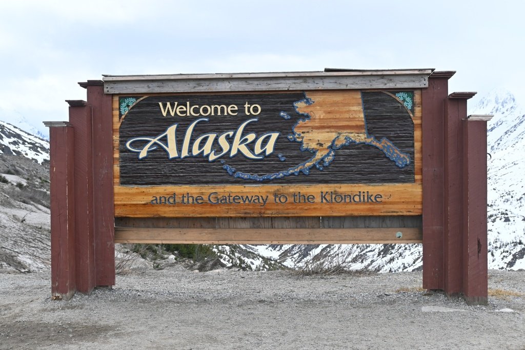 Welcome to Alaska sign board at Skagway a popular photo stop