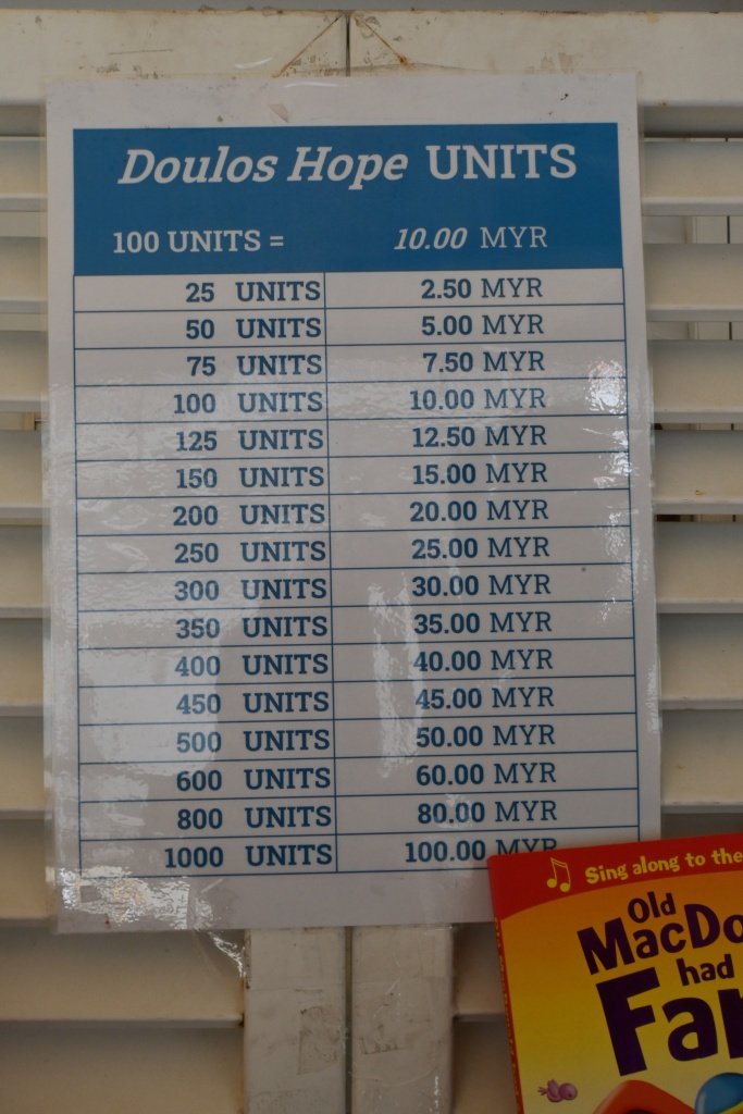 Doulos Hope units pricing chart 100 units equals RM10 Malaysia