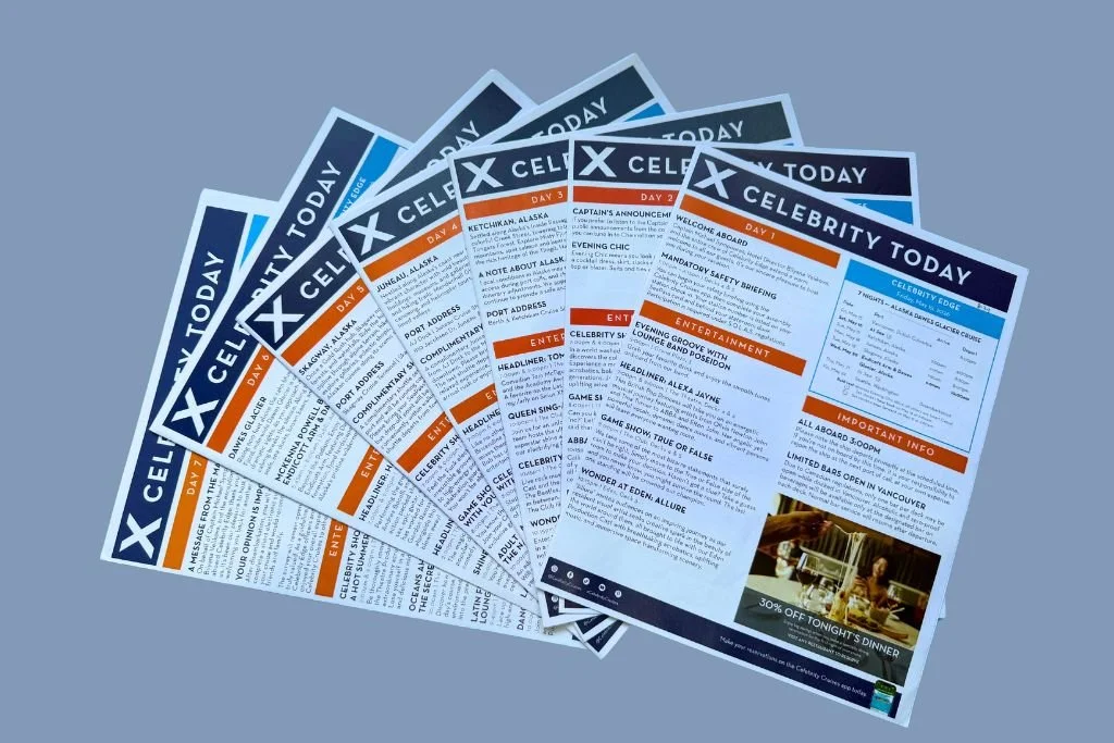 Celebrity Today daily newsletter left in stateroom on Celebrity Edge Alaska cruise
