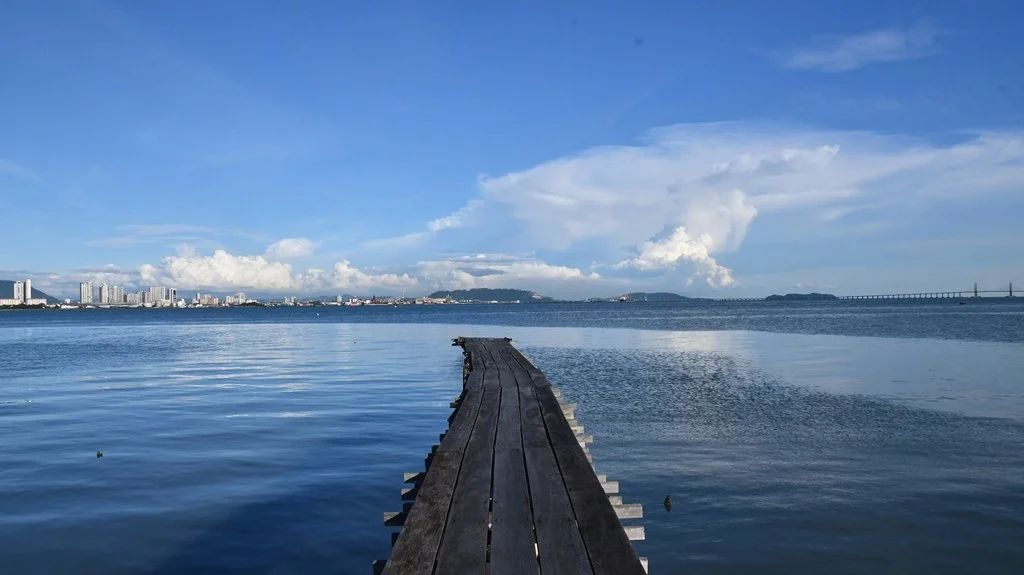View of the sea and George Town skyline from Chew Jetty Penang