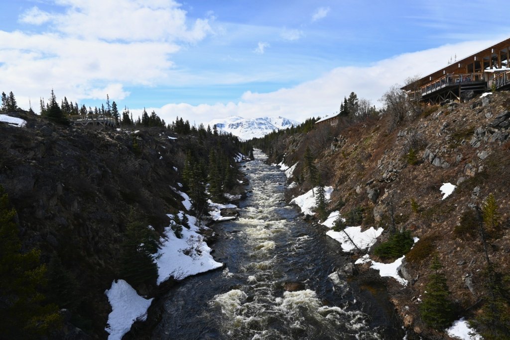 Panoramic view of Canadian wilderness from Yukon Suspension Bridge, Skagway