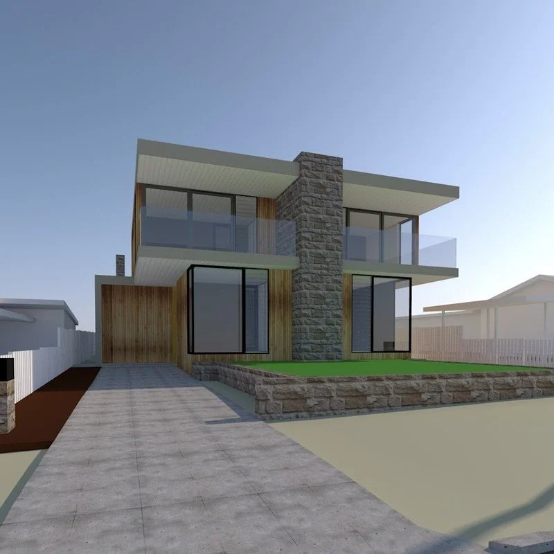 Three-dimensional render of a two-storey dual occupancy as submitted to council, Huskisson