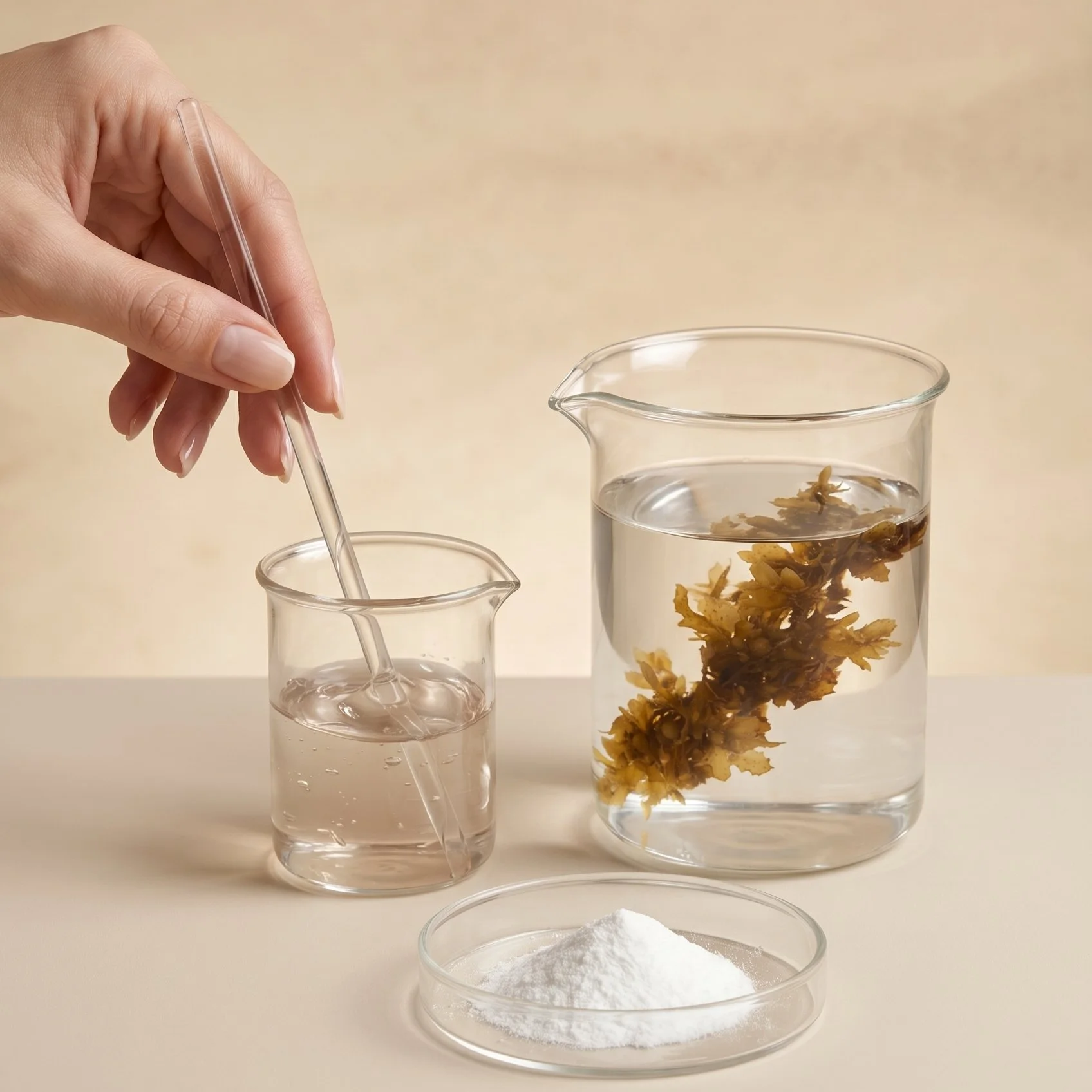A hand using a glass pipette to transfer liquid into a lab beaker containing dried flowers, with a larger beaker filled with water and dried flowers, and a petri dish with white powder on a white surface.
