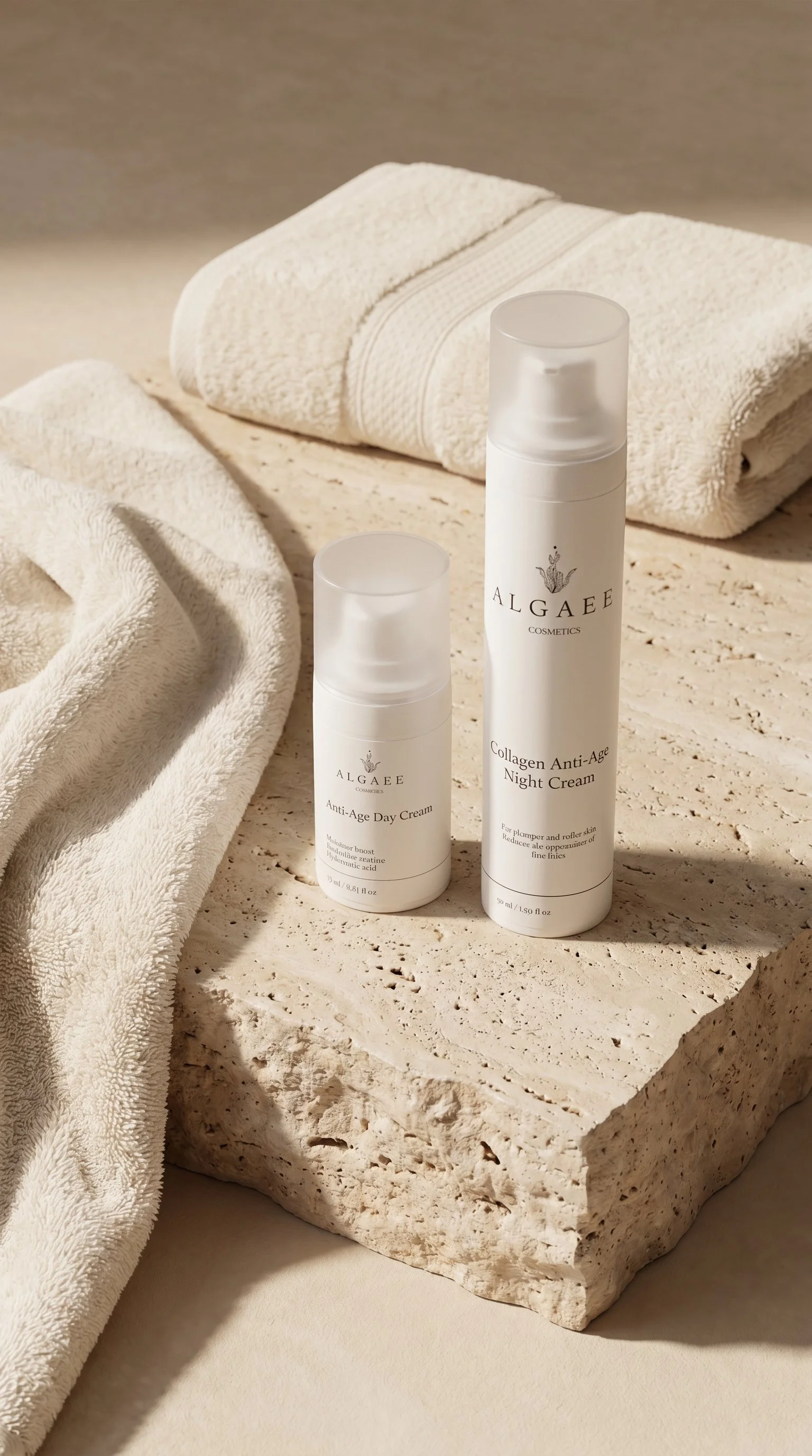 Amber-colored skincare products labeled 'AlgAEE Cosmetics Collagen Anti-Age Night Cream' and 'Anti-Age Day Cream' are placed on a textured stone surface with white towels in the background.
