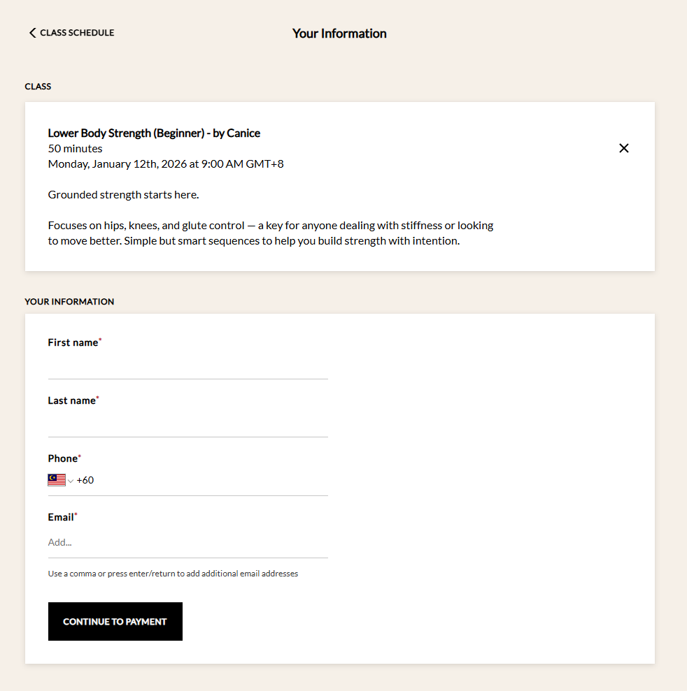 Online class registration page for a beginner lower body strength class scheduled on January 12, 2026, at 9:00 AM GMT+8, including personal information input fields.