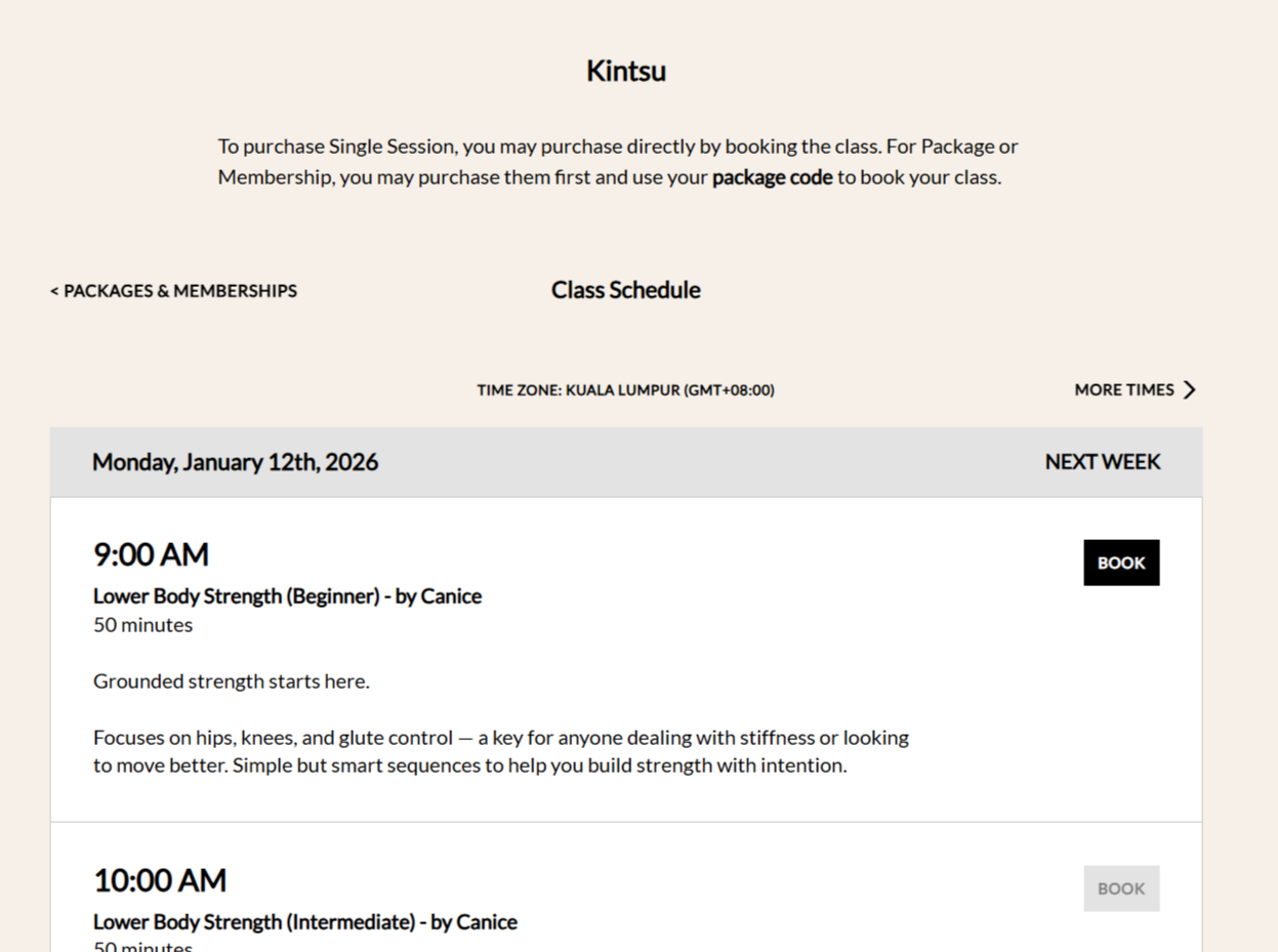 Class schedule webpage for Kintsu fitness classes on January 12th, 2026, showing times at 9:00 and 10:00 AM, with class titles, descriptions, and booking options.