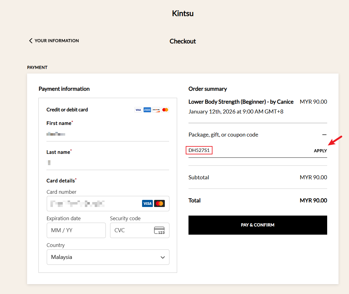 Online checkout page for a fitness course with payment details, course name 'Lower Body Strength (Beginner)', date January 12, 2026, with a coupon code 'DH527S1' and an apply button.