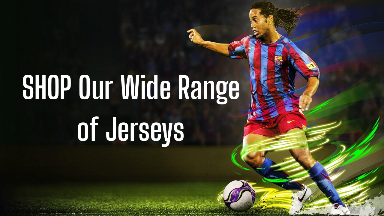 A soccer player in a blue and red jersey is kicking a ball on the field, with the text 'SHOP Our Wide Range of Jerseys' overlaid.
