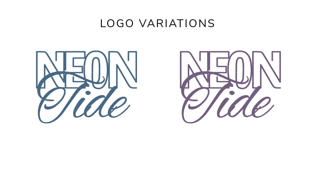 Two Neon Tide wordmark logo variations side by side: one in slate blue and one in purple, both combining a bold outlined uppercase NEON with a flowing script Tide beneath
