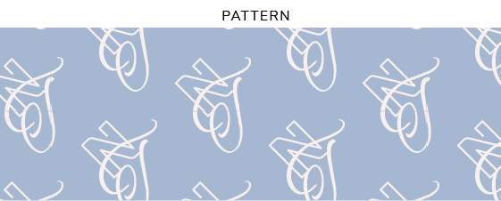 Blue background with white repeating floral pattern.