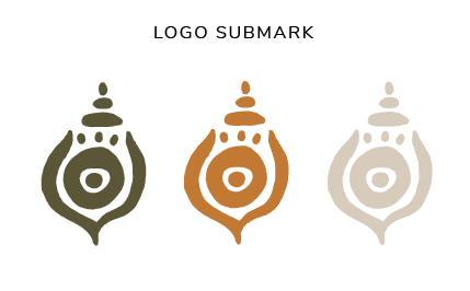 Moss & Ember logo submark shown in three colourways: olive green, terracotta brown, and warm stone, featuring a combined symbol of stacked stones, a paw motif, and an eye within an organic tulip or vessel form