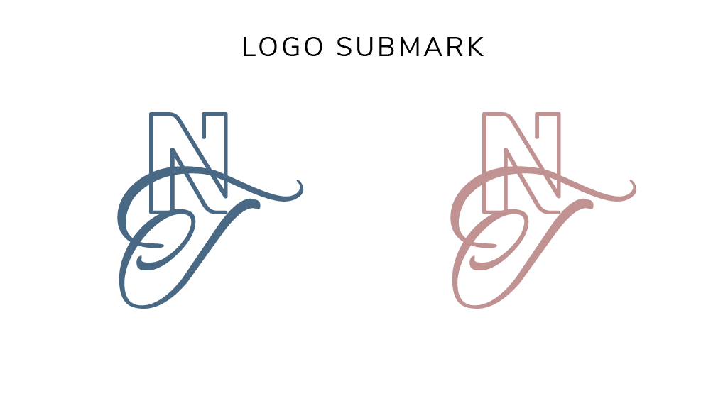 Two Neon Tide logo submark variations side by side: an NT monogram combining a bold N with a flowing script T, shown in slate blue and dusty rose