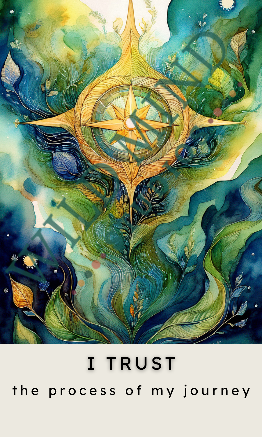 Digital affirmation card showing a golden compass surrounded by flowing blue-green leaves and soft cosmic details. Text reads: “I TRUST the process of my journey.”
