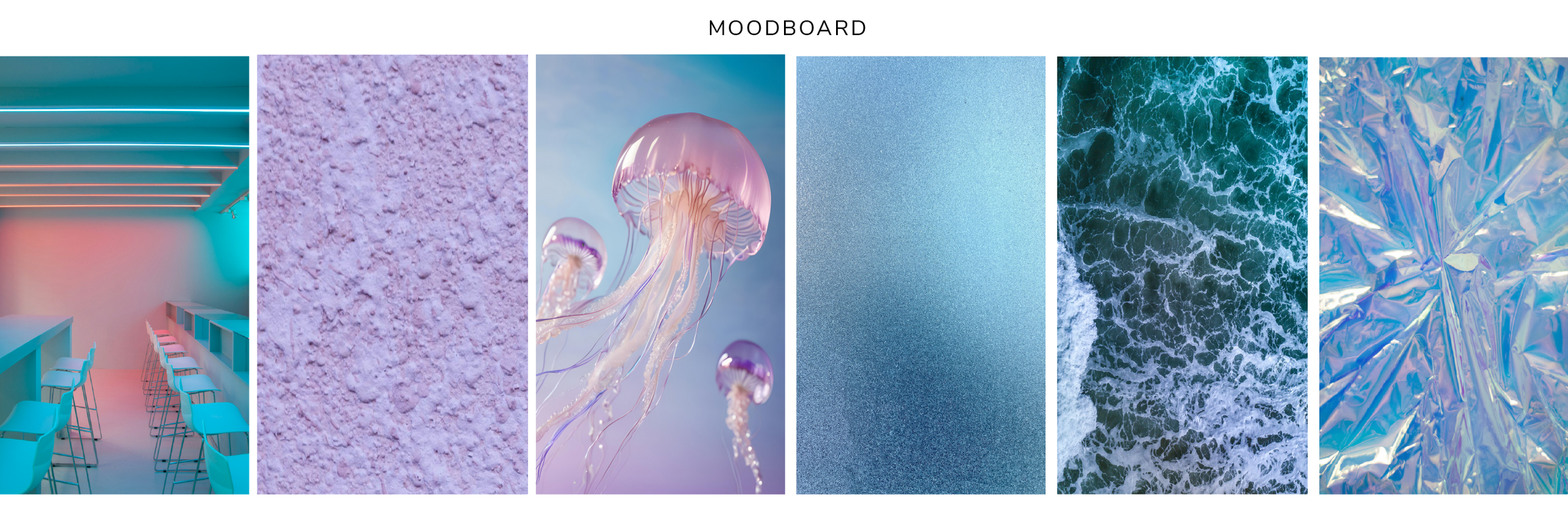 Neon Tide brand moodboard featuring six images in a row: a neon-lit interior space, a lavender textured wall, a translucent jellyfish, a silver-blue gradient surface, an aerial view of ocean waves, and crumpled iridescent foil