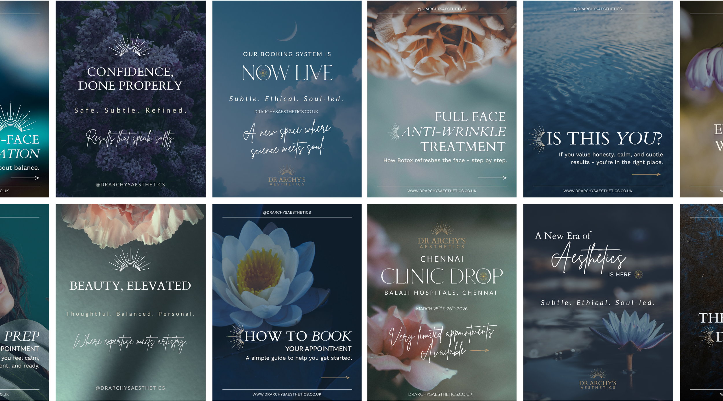 Strategic social media launch graphics and branded content design for a luxury medical aesthetics clinic, featuring cohesive visuals for bookings, treatments, promotions and brand awareness.