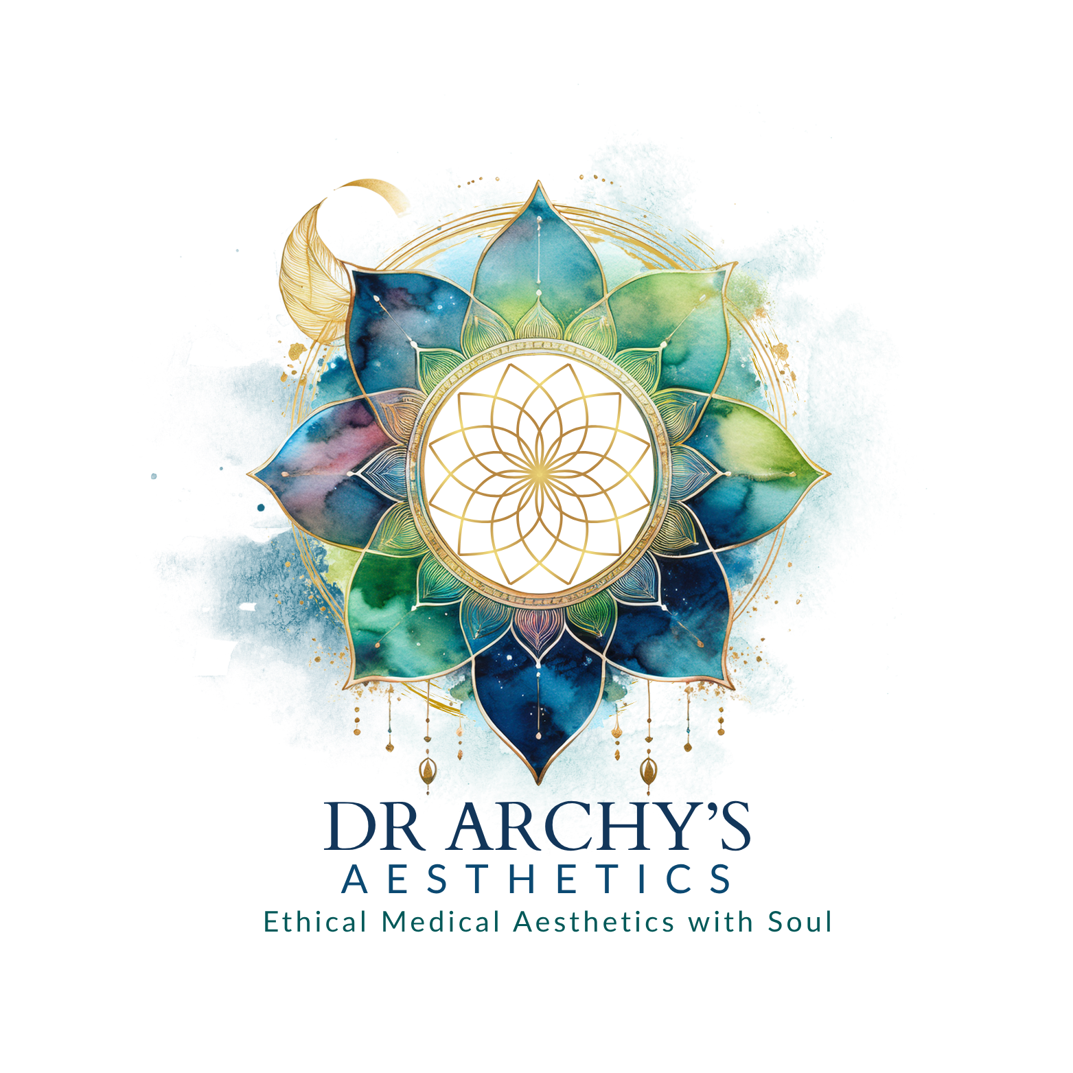 The final logo design for Archy’s Aesthetics, featuring a soulful watercolor lotus emblem and elegant typography for an ethical medical clinic.
