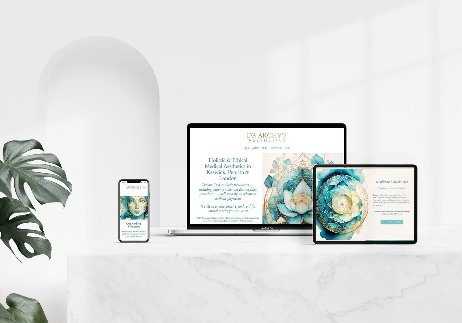 Squarespace website design for Dr Archy's Aesthetics on MacBook, tablet and phone, styled with marble surface and greenery, showing the clinic's teal and gold branding