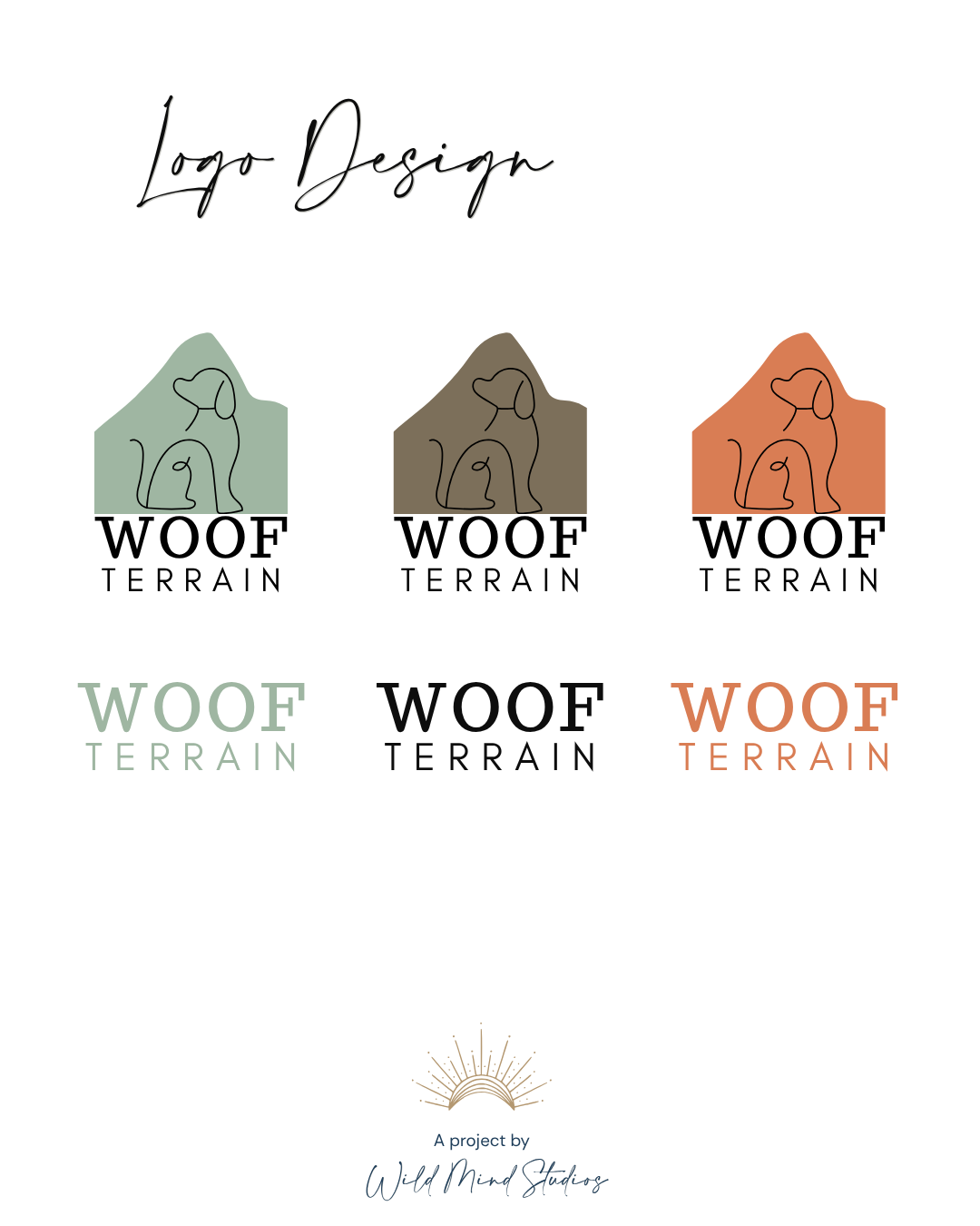 Minimalist line-art dog and mountain logo variations for Woof Terrain, showing the brand identity in sage green, slate, and rust colorways.
