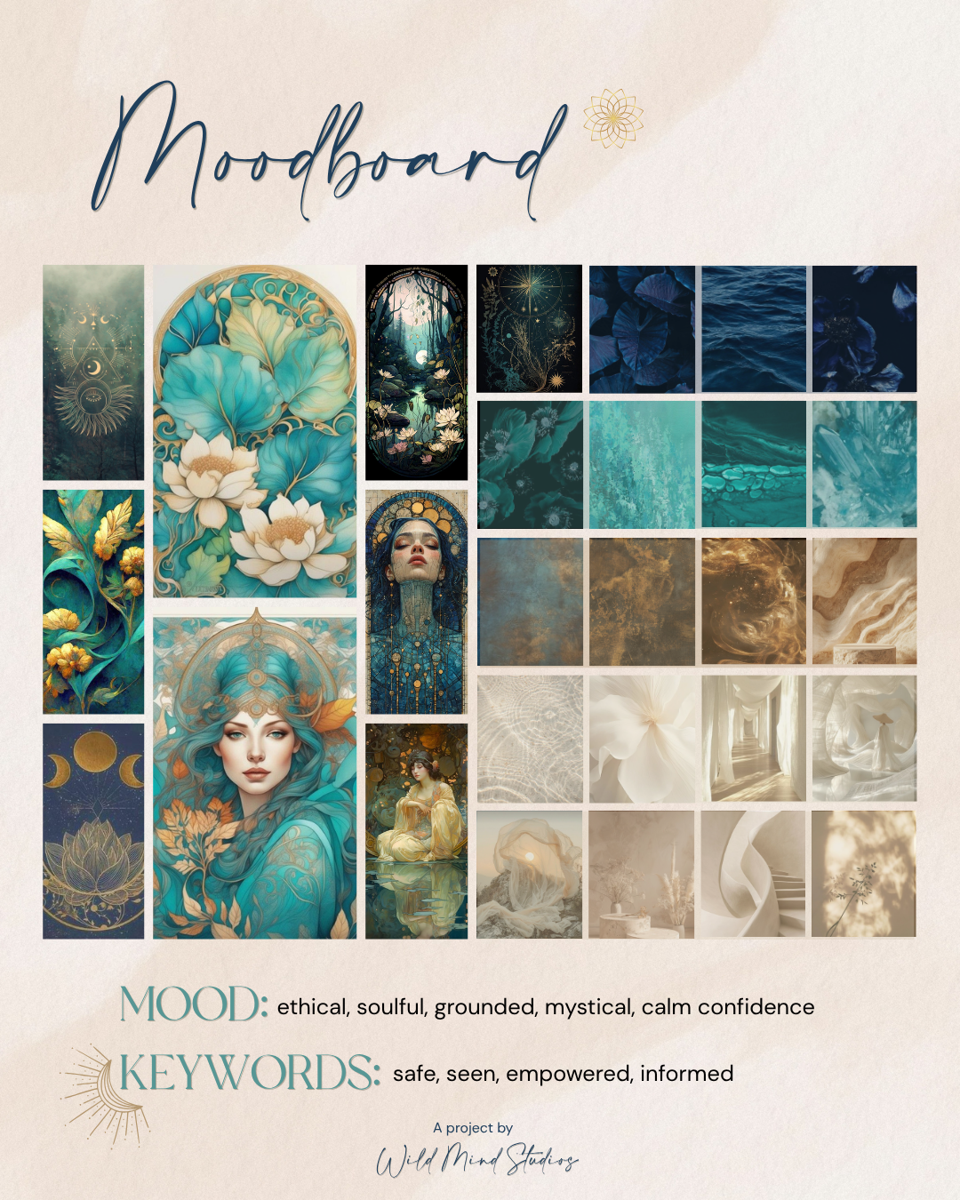 A soulful and mystical brand moodboard for a medical aesthetics clinic, featuring a teal and gold color palette to evoke calm confidence and empowerment.