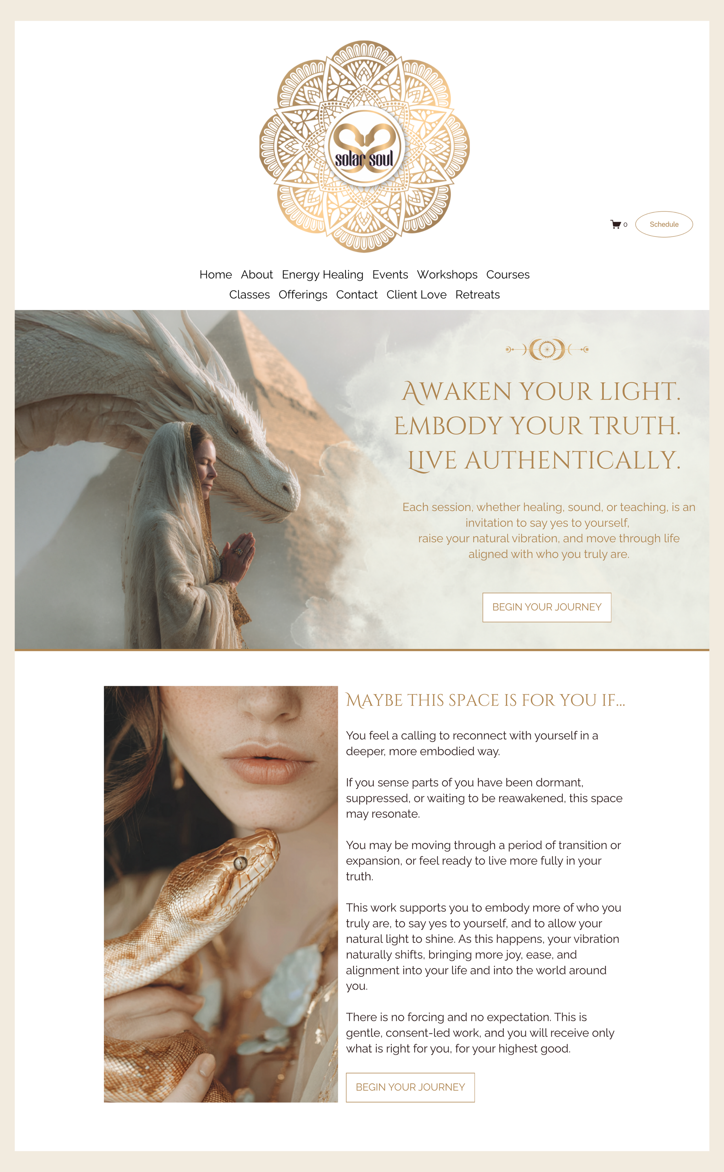 Professional website layout for Solar Soul, showcasing strategic branding and web design for a spiritual healer by Wild Mind Studios.