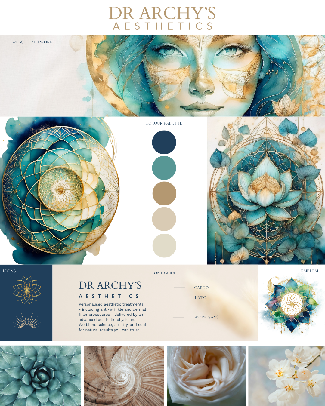 A comprehensive brand identity for Dr Archy’s Aesthetics, including a teal and gold color palette, custom lotus logo, and structured font guide created by Wild Mind Studios.