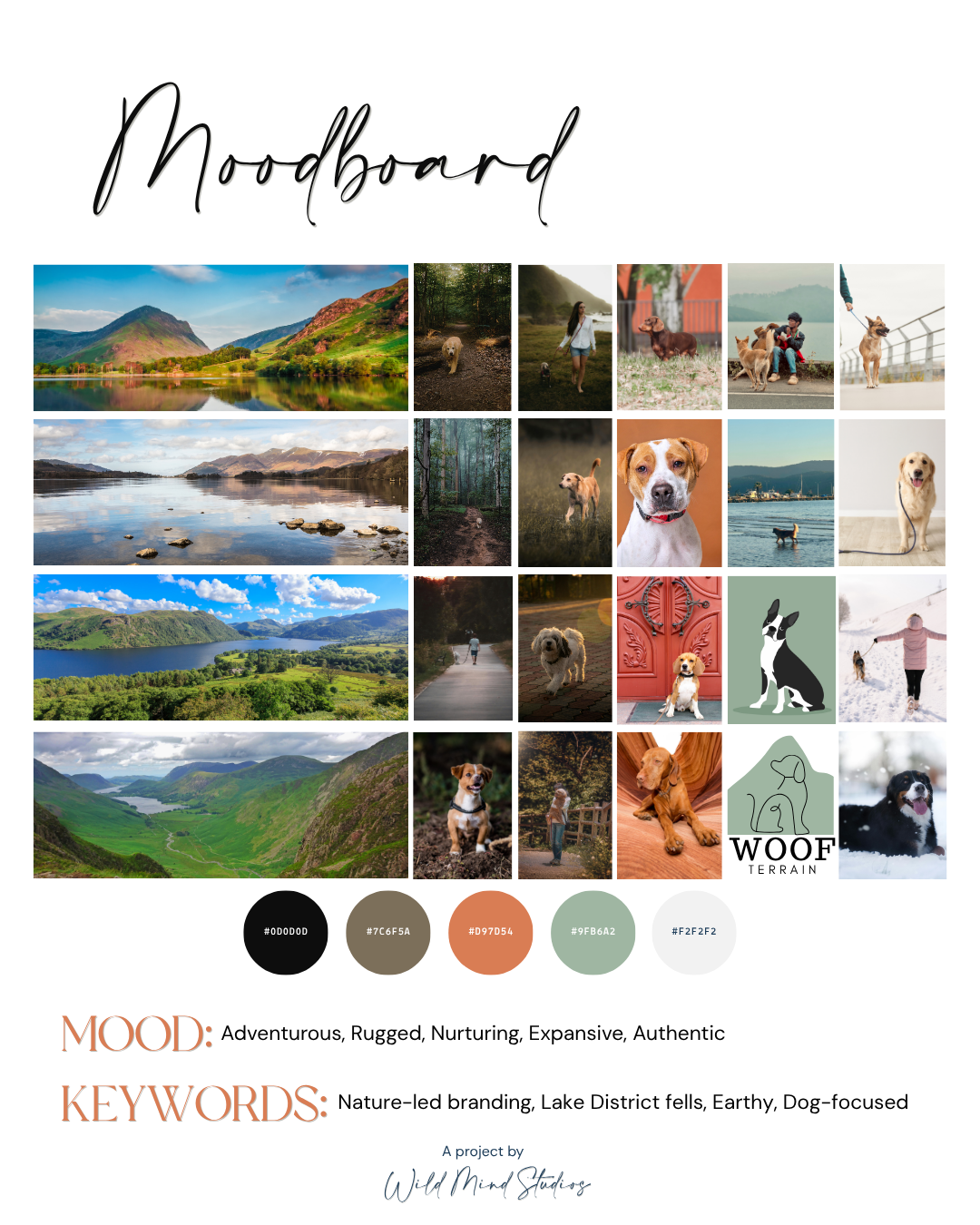 A nature-inspired brand moodboard for Woof Terrain featuring Lake District fells and earthy green color palettes for an adventure dog business.