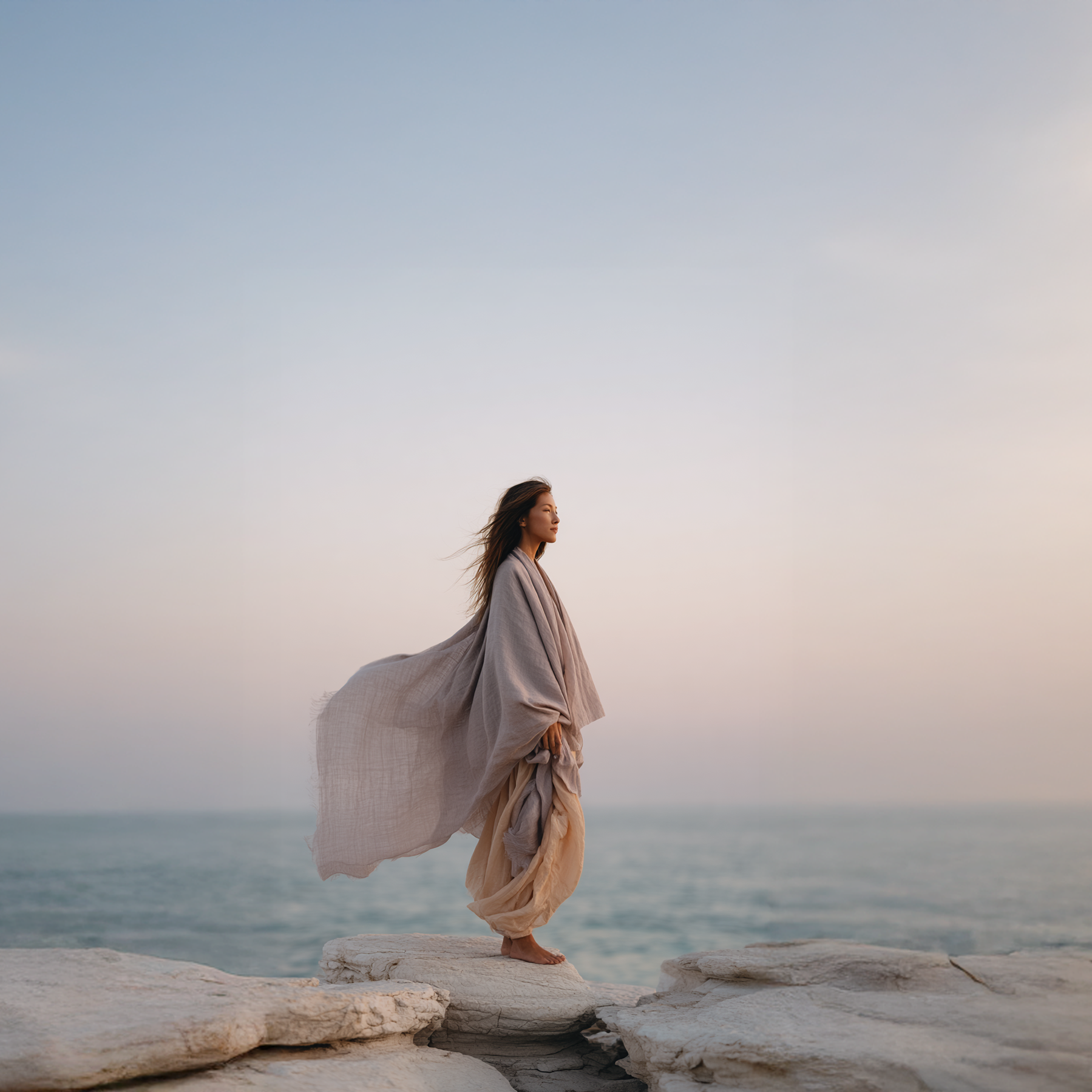 A woman in flowing robes standing on coastal cliffs, representing the artistic and nature-inspired roots of Wild Mind Studios.