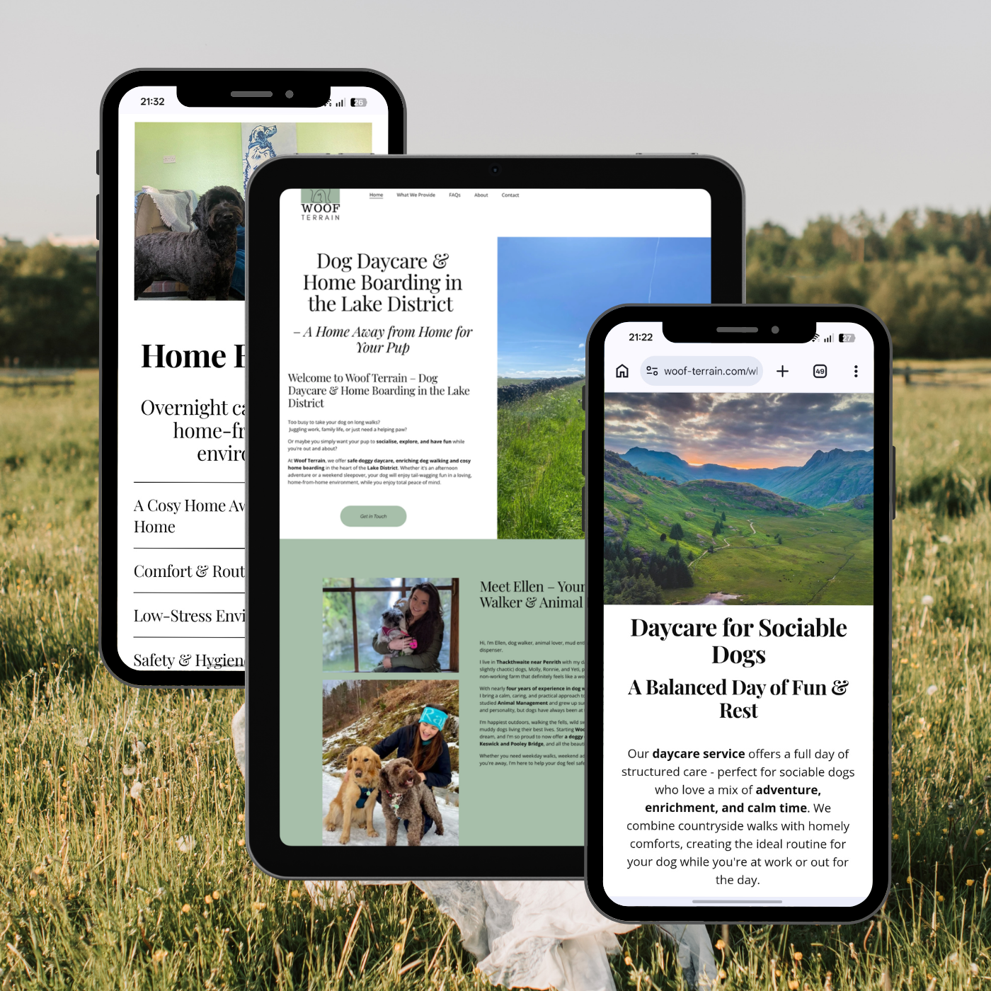 Woof Terrain dog daycare website mockup — Squarespace website design portfolio by Wild Mind Studios