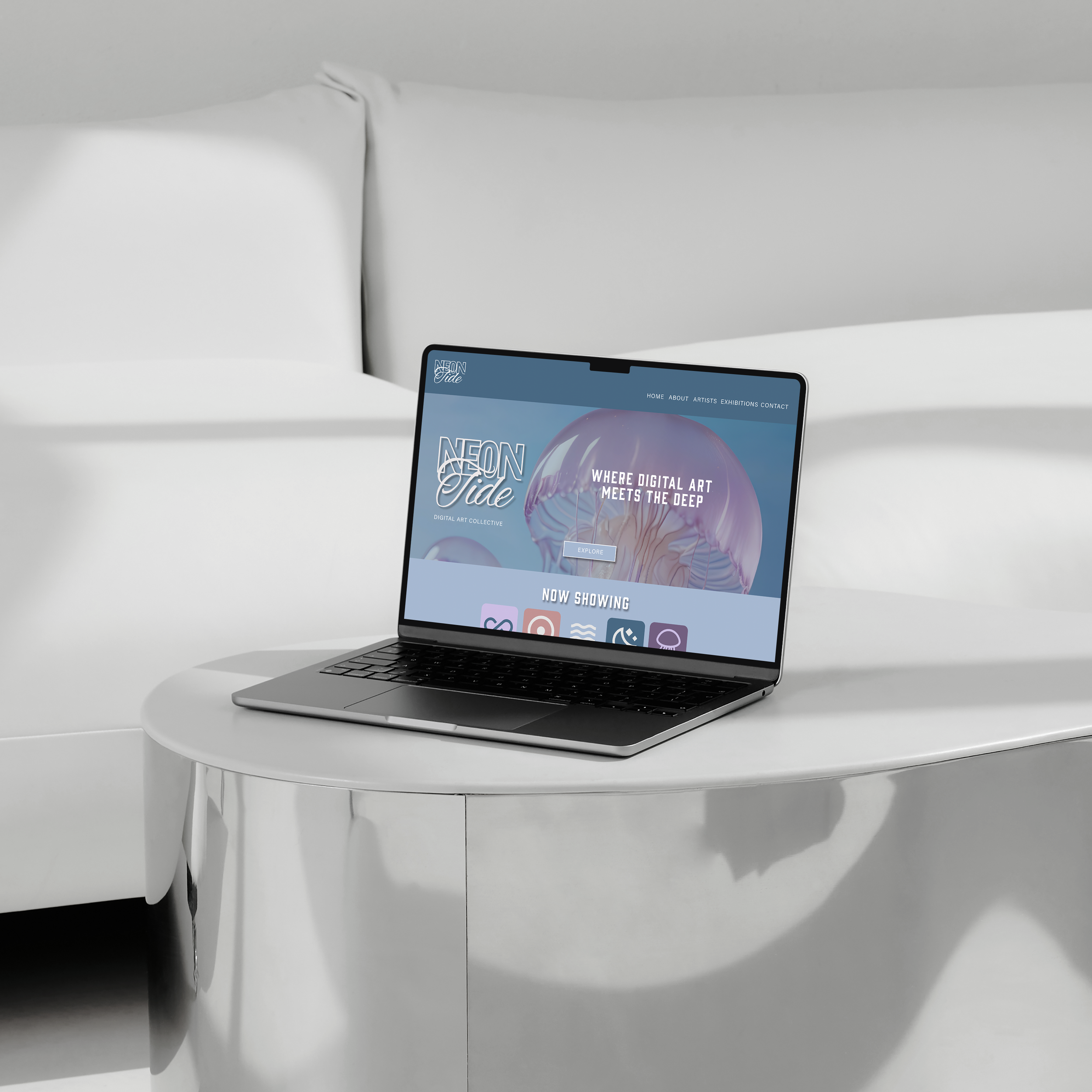 Close-up of a computer screen displaying a website titled 'Neon Tide' with the tagline 'Where digital art meets the deep.' The website shows an artwork of a jellyfish and menu options such as Home, About, Artists, Exhibitions, and Contact. The screen is placed on a white surface against a plain wall.
