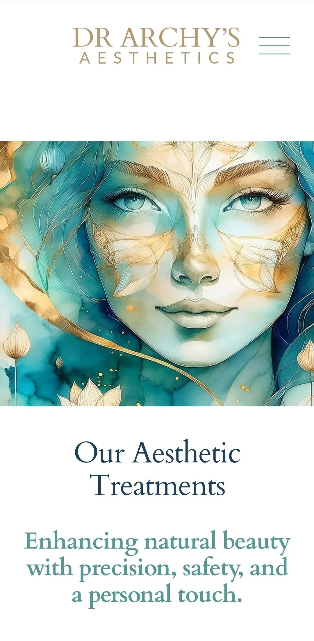 Brochure cover featuring an artistic illustration of a woman's face with flowing hair, detailed face, and floral elements. The text reads: "Dr Archy's Aesthetics," "Our Aesthetic Treatments," and "Enhancing natural beauty with precision, safety, and a personal touch."